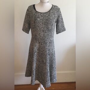 Lands’ End tweed dress, fit and flare style. Scooped neck + elbow length sleeve